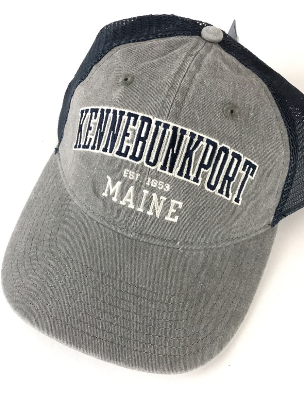 KENNEBUNKPORT MAINE EST 1653 Gray Blue Unstructured Trucker Hat Snapback